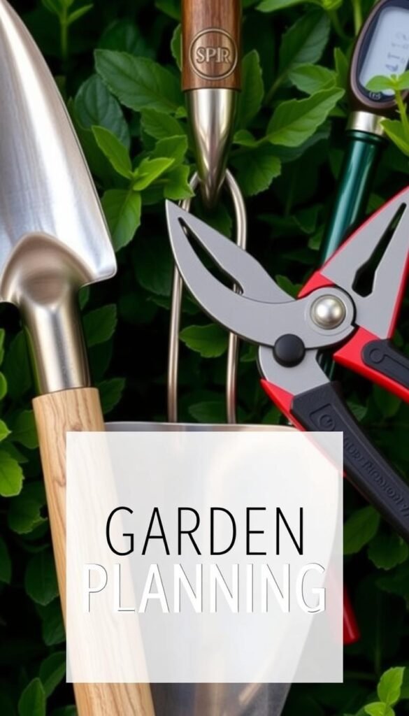 A neatly organized collection of garden planning tools, including a hand trowel, garden hoe, pruning shears, and a soil pH meter, set against a backdrop of lush greenery. The tools are arranged in a visually appealing manner, creating a sense of order and purpose. Soft, natural lighting illuminates the scene, casting gentle shadows and highlighting the textures of the tools. The overall composition conveys a mood of thoughtful preparation and a dedication to cultivating a thriving garden.