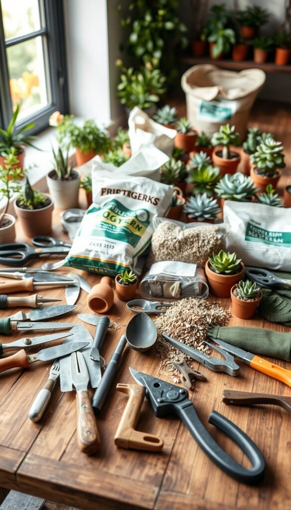 A neatly organized collection of gardening tools and supplies laid out on a rustic wooden table. In the foreground, an assortment of hand trowels, pruning shears, and potting gloves. In the middle ground, various bags of potting mix, perlite, and small terracotta planters. In the background, a selection of small houseplants and succulents in their pots. Soft, natural lighting from a nearby window casts a warm, inviting glow across the scene. The overall mood is one of tranquility and preparation, hinting at the joy of crafting a beautiful dish garden.