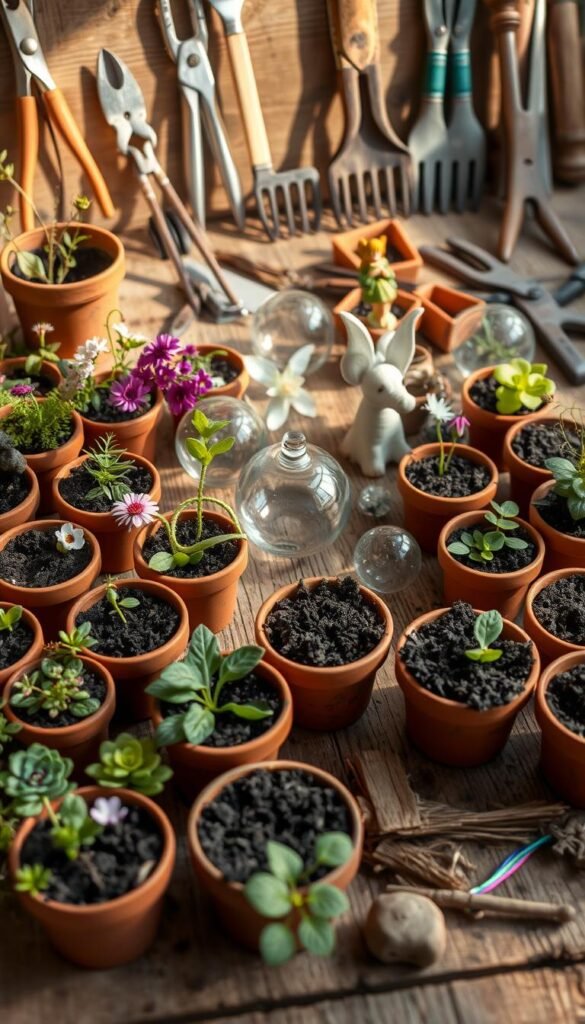 A neatly organized collection of whimsical fairy garden materials and tools arranged on a rustic wooden surface. In the foreground, an assortment of miniature plants, flowers, and potting soil in terra cotta pots. In the middle ground, delicate fairy figurines, glass orbs, and a small watering can. In the background, a selection of gardening tools such as pruning shears, trowels, and tiny rakes, all casting soft shadows under warm, natural lighting. The overall scene exudes a sense of enchantment and anticipation, inviting the viewer to embark on a magical fairy garden building journey.