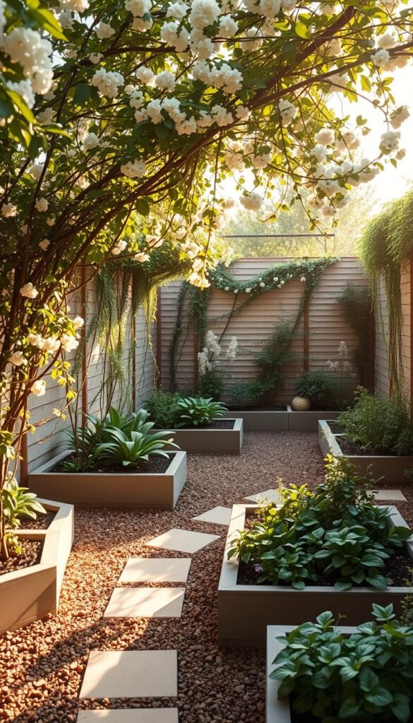 A neatly organized diagonal garden layout with raised planting beds, complemented by a lush canopy of trailing vines and delicate blooms. The overall scene exudes a sense of tranquility and intentional design, showcasing an efficient use of a compact space. Warm, natural lighting filters through the foliage, casting a soft, inviting glow. The diagonal paths create a dynamic flow, guiding the viewer's eye through the harmonious arrangement of plants and textures. Subtle shadows add depth and dimension, while the clean, geometric shapes of the raised beds provide a structured foundation. This image effectively conveys a small garden design strategy that maximizes the use of limited space through a thoughtful, diagonal layout.