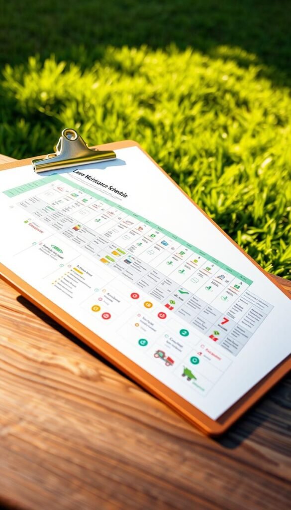 A neatly organized lawn maintenance schedule displayed on a clipboard. The clipboard sits on a wooden surface, with a lush green lawn visible in the background. The schedule features a grid-like layout with columns for tasks, dates, and checkboxes. Colorful icons and illustrations accompany the text, creating a visually appealing and informative design. Warm, natural lighting casts a pleasant glow, and the overall composition conveys a sense of order and attention to detail, reflecting the importance of proper lawn care.
