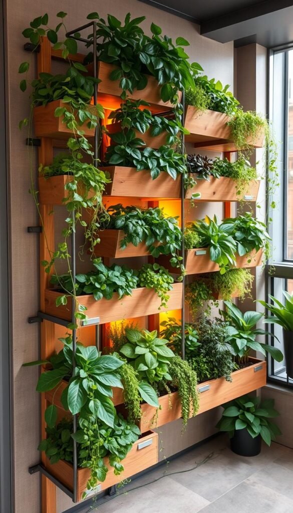 A neatly organized vertical garden system, featuring a series of modular, tiered planter boxes arranged in a harmonious, space-saving layout. The structure is constructed with natural wood and metal accents, blending seamlessly with a lush, vibrant assortment of leafy greens, herbs, and trailing vines cascading from each level. Warm, directional lighting casts a soft, inviting glow, highlighting the verdant foliage and creating an atmosphere of serene productivity. The overall composition conveys a sense of efficient urban gardening, where every inch of available space is thoughtfully utilized to cultivate a bountiful, flourishing home harvest.