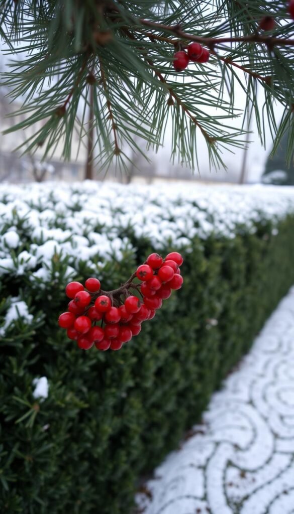A neatly trimmed evergreen hedge, its lush foliage contrasting against a dusting of snow. In the foreground, clusters of vibrant red berries add a pop of winter color, their glossy surfaces catching the soft, diffused light. Delicate pine branches sway gently, framing the scene with their delicate silhouettes. The overall composition conveys a sense of tranquility and timeless elegance, perfect for a formal garden setting. Captured with a wide-angle lens to emphasize the symmetry and balance of the scene, this image exudes the traditional charm and year-round appeal of carefully curated evergreen plantings.