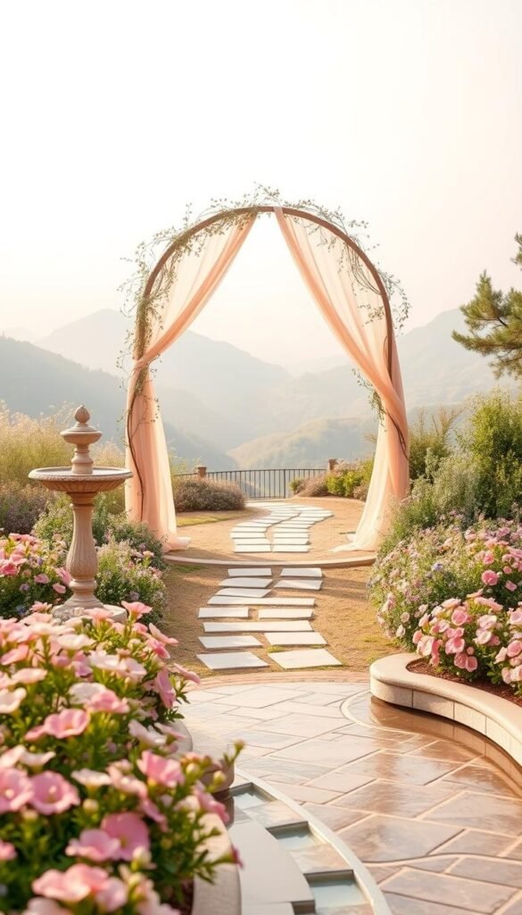 A pastel garden layout plan with a softly illuminated foreground featuring a flowing fountain and delicate flower beds in muted pinks, lavenders, and pale greens. In the middle ground, a winding path of pale stone leads through an archway draped with sheer, pastel-colored fabrics. The background showcases a lush but gentle landscape with rolling hills and a hazy sky, creating a serene, dreamlike atmosphere. The overall scene is bathed in a warm, diffused light, evoking a sense of tranquility and gentle elegance.