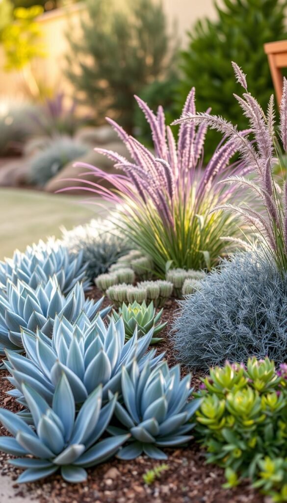 A peaceful, low-profile garden border featuring a cohesive arrangement of drought-tolerant succulents and ornamental grasses. The foreground showcases a gently curving line of smooth, gray-green aeoniums punctuated by the upright, silver-blue foliage of blue fescue. The middle ground blends complementary textures, with the feathery plumes of purple fountain grass cascading over rounded mounds of sedum. Framing the scene, the background softly recedes into a hazy blur of muted greens and earthy tones, evoking a sense of effortless, natural harmony. The lighting is warm and diffused, casting gentle shadows that accentuate the sculptural forms. The overall mood is one of understated elegance and low-maintenance appeal.