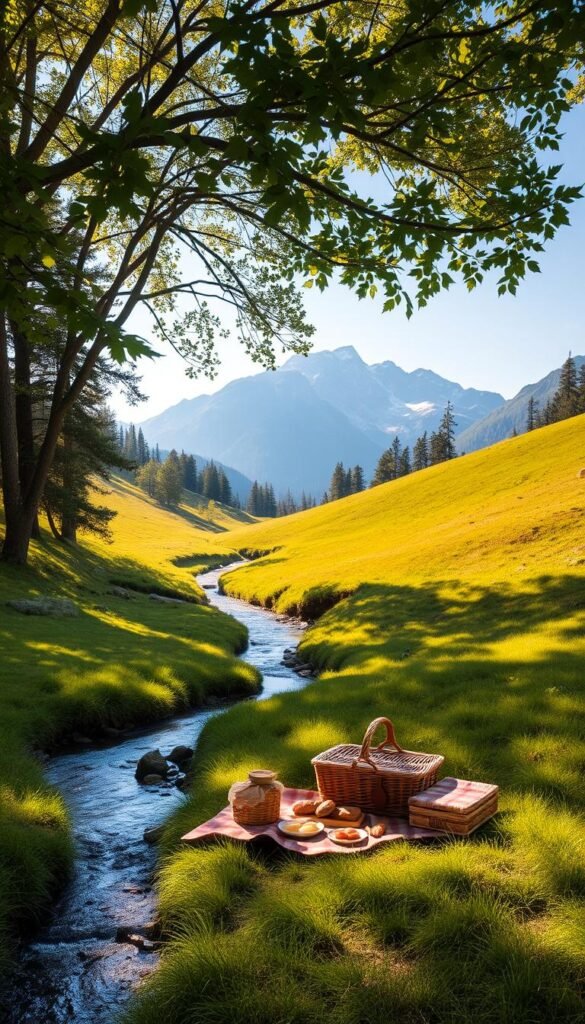 A peaceful, sun-dappled meadow nestled between rolling hills, with a tranquil stream winding through the foreground. Lush, verdant foliage and towering trees form a natural canopy, casting soft, warm shadows across the scene. In the middle ground, a cozy picnic setup awaits, complete with a plaid blanket, a wicker basket, and an array of delectable treats. The background is dominated by a breathtaking mountain range, its snow-capped peaks reaching towards the azure sky. Soft, diffused lighting creates a serene, inviting atmosphere, perfect for an alfresco dining experience in nature's embrace.