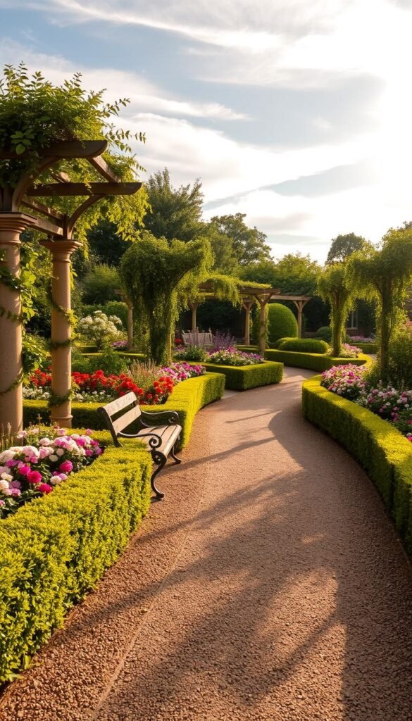 A picturesque English garden path winds through lush, flourishing beds of colorful blooms. Meticulously manicured hedges line the graveled walkway, casting soft shadows in the warm, golden afternoon light. Ornate stone benches and trellises adorned with cascading vines dot the scene, creating a sense of timeless charm. The path leads the eye deeper into the garden, hinting at hidden alcoves and tranquil sitting areas beyond. Wispy clouds drift overhead, lending a serene, romantic atmosphere to this quintessential English garden setting.