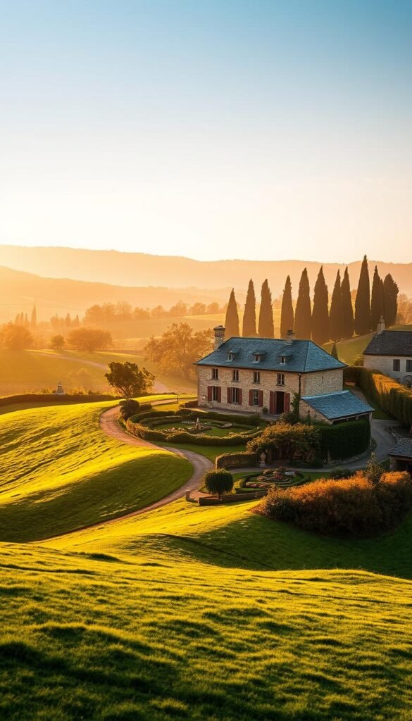 A picturesque French countryside landscape, with rolling hills and lush, verdant meadows in the foreground. In the middle ground, a charming stone manor house with slate roofs and ivy-covered walls, surrounded by neatly manicured gardens and winding cobblestone paths. In the background, a line of towering cypress trees silhouetted against a warm, golden-hued sky, infused with a soft, diffused light that casts a timeless, romantic ambiance over the entire scene. Lens: 35mm, Lighting: Natural, Angle: Slightly elevated, providing a panoramic view of the idyllic setting.
