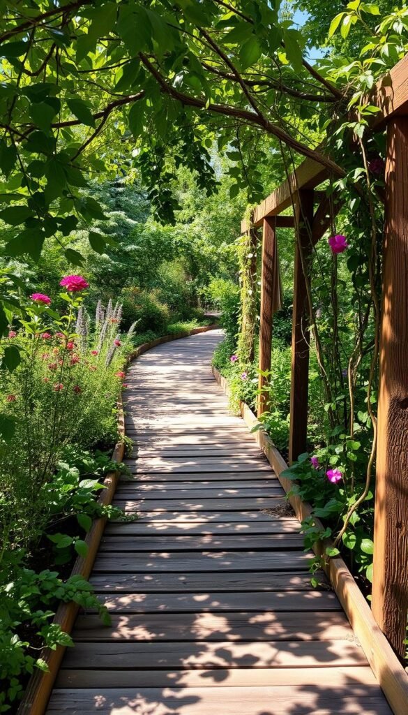 A picturesque garden walkway meanders through lush greenery, its path crafted from repurposed wooden planks and weathered beams. Dappled sunlight filters through the overhead canopy, casting warm shadows on the earthy tones of the rustic materials. Vibrant flowers and trailing vines spill over the edges, creating a whimsical, natural border. The walkway invites exploration, leading the eye deeper into this serene, personalized outdoor oasis. A sense of tranquility and charm pervades the scene, reflecting the owner's creative touch and appreciation for sustainable, nature-inspired design.