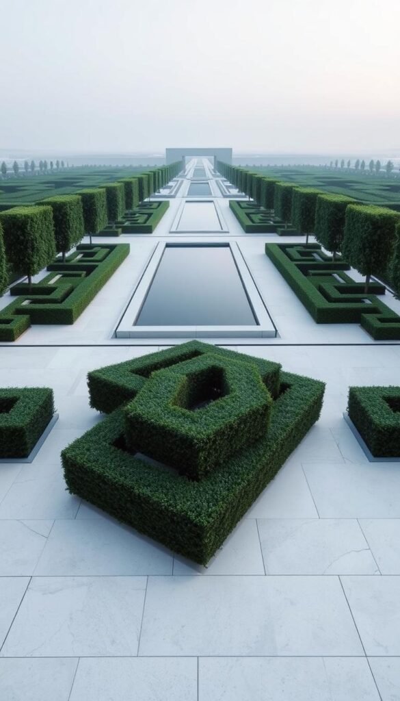 A pristine geometric garden design, with sleek lines and minimalist aesthetics. A central, symmetrical arrangement of neatly-trimmed hedges, sculpted into sharp angles and precise shapes, adorns the foreground. The middle ground features a tranquil reflecting pool, its surface mirroring the geometric patterns above. In the background, a series of elegant, linear pathways wind through the space, leading the eye towards a subtly-lit horizon. The overall atmosphere is one of serene, modern sophistication - a harmonious blend of nature and geometric precision, perfectly capturing the essence of minimalist garden design.
