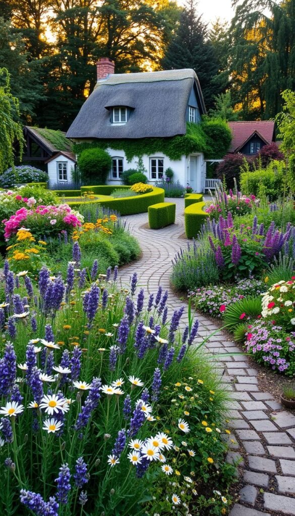 A quaint English cottage garden, overflowing with an array of lush, vibrant blooms. In the foreground, a captivating mix of colorful perennials and fragrant herbs - delicate lavender, cheerful daisies, and cascading vines. The middle ground features a cobblestone path winding through the garden, flanked by neatly trimmed boxwood hedges and flourishing shrubs. In the background, a charming, whitewashed cottage with a thatched roof sits nestled among the greenery, bathed in the warm, golden glow of afternoon sunlight filtering through the trees. The overall scene evokes a sense of timeless tranquility and rural English elegance.