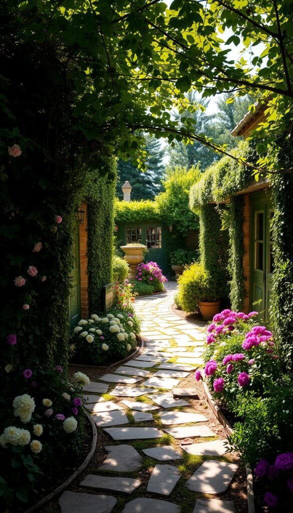 A quaint cottage garden, its pathways winding through lush foliage. Overgrown hedges and trailing vines frame the scene, creating a sense of intimacy and enclosure. Dappled sunlight filters through the canopy, casting warm, soft shadows on the meandering stone walkways. Vibrant blooms in shades of pink, purple, and yellow dot the borders, their petals gently swaying in the breeze. The air is filled with the sweet scent of fragrant flowers, inviting one to slow down and immerse themselves in the tranquil, rustic ambiance. A timeless, idyllic composition that evokes the serene charm of a quintessential cottage garden.