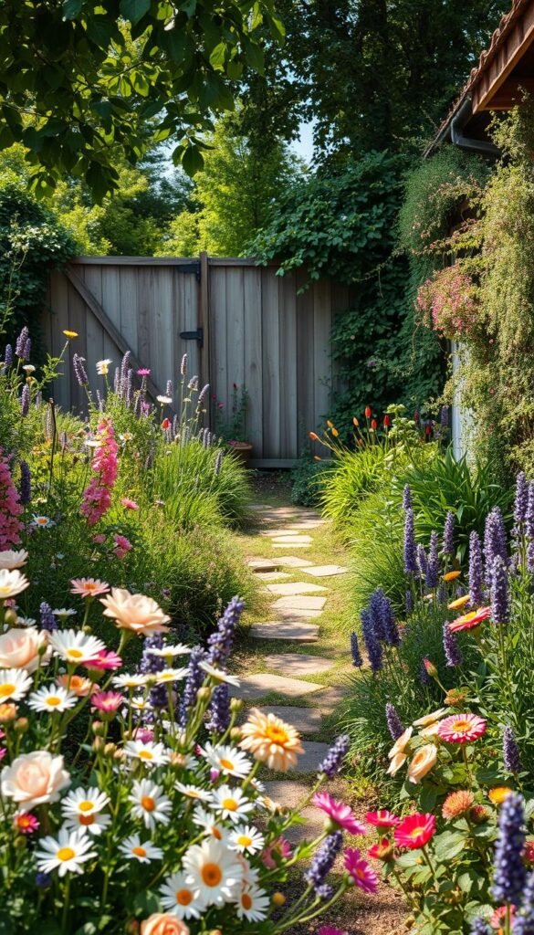 A quaint cottage garden overflowing with a vibrant tapestry of blooms. In the foreground, a lush profusion of delicate cottage garden flowers - softly hued English roses, cheerful daisies, and fragrant lavender, their petals gently swaying in a light breeze. The middle ground features a charming winding path flanked by abundant perennials and flowering shrubs, leading the eye deeper into the scene. In the background, a weathered wooden fence is partially obscured by cascading vines and trailing wildflowers, creating an enchanting sense of privacy and seclusion. Dappled sunlight filters through the canopy of lush greenery, casting a warm, inviting glow over the entire composition. The overall mood is one of rustic enchantment, evoking the cozy, bucolic charm of a quintessential English cottage garden.
