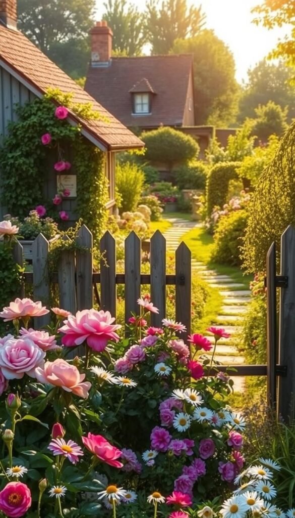 A quaint cottage nestled amidst a lush, vibrant garden, bathed in the soft, golden glow of the afternoon sun. The foreground is a riot of colorful blooms - fragrant roses, billowing peonies, and whimsical daisies, interspersed with cascading vines and trailing greenery. In the middle ground, a weathered wooden fence frames the scene, its rustic charm complementing the verdant landscape. Beyond, a picturesque garden path winds through the verdant foliage, inviting the viewer to explore this enchanting oasis. The overall atmosphere exudes a sense of tranquility, nostalgia, and the simple pleasures of country living, capturing the essence of the cottage garden aesthetic.