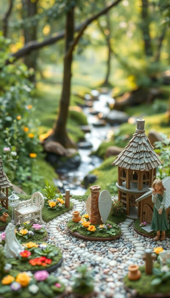 A quaint fairy garden construction scene, with a detailed step-by-step process unfolding across the foreground. In the middle ground, a serene woodland backdrop with lush greenery and gentle streams. Soft, warm lighting illuminates the scene, creating a magical, whimsical atmosphere. In the foreground, intricate miniature structures are being carefully assembled, with tiny fairy-like figures tending to the details. Delicate flower beds, pebbled pathways, and diminutive garden accents fill the frame, inviting the viewer to imagine the tranquil fairy haven taking shape. The overall composition conveys a sense of enchantment and the joy of crafting a enchanting natural escape.