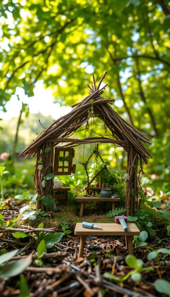 A quaint fairy house under construction in a lush, verdant garden. In the foreground, intricate twigs, leaves, and flowers are carefully woven into the frame of the structure, creating a whimsical and organic aesthetic. The middle ground features a miniature workbench with tiny tools and materials, hinting at the ongoing craftsmanship. In the background, a dappled sunlight filters through the canopy of trees, casting a warm, magical glow over the enchanting scene. The overall mood is one of enchantment, wonder, and the delicate, meticulous process of creating a beautiful fairy abode.