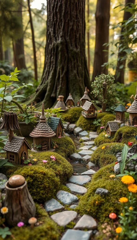 A quaint, whimsical miniature garden scene set in soft, diffused natural light. In the foreground, a cluster of delicate fairy houses nestled among lush, verdant foliage and scattered wildflowers. Miniature stone pathways wind through the scene, leading the eye towards a small, babbling brook in the middle ground. Mossy tree stumps and weathered wooden planters provide charming accents, while towering trees in the background create a sense of enchantment and wonder. Fanciful, mystical elements like tiny mushrooms, glowing fireflies, and a hidden fairy hiding behind a leaf add an air of magic to this tranquil, captivating tableau.
