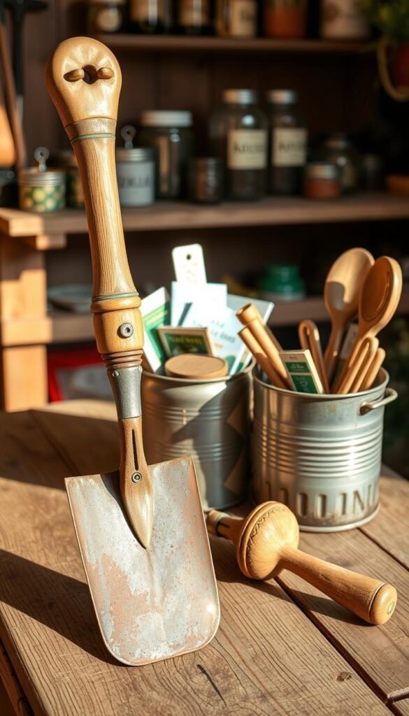 A rustic assortment of homemade garden tools, artfully arranged on a weathered wooden surface. In the foreground, a handcrafted trowel and hand cultivator crafted from reclaimed materials, their worn handles and patina-ed metal evoking a sense of rugged charm. In the middle ground, a repurposed tin can holds an assortment of seed packets, labels, and other small gardening accoutrements. The background features a softly blurred potting bench, with a variety of upcycled containers and jars, hinting at the DIY ingenuity within. The overall lighting is warm and natural, casting a golden glow that enhances the organic, handmade feel of the scene. The composition is balanced and inviting, encouraging the viewer to imagine the creative possibilities of transforming everyday items into practical, budget-friendly garden tools.