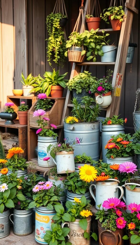A rustic collection of repurposed containers showcasing an innovative flower garden. In the foreground, an assortment of vintage tin cans, mason jars, and old mugs overflow with vibrant blooms and lush greenery. The middle ground features upcycled wooden crates and metal buckets, each transformed into unique planters. In the background, a weathered ladder supports a cascading display of hanging plant-filled baskets. Soft, natural lighting illuminates the scene, casting warm shadows and highlighting the texture of the repurposed materials. The overall atmosphere conveys a sense of whimsical charm and eco-friendly creativity.