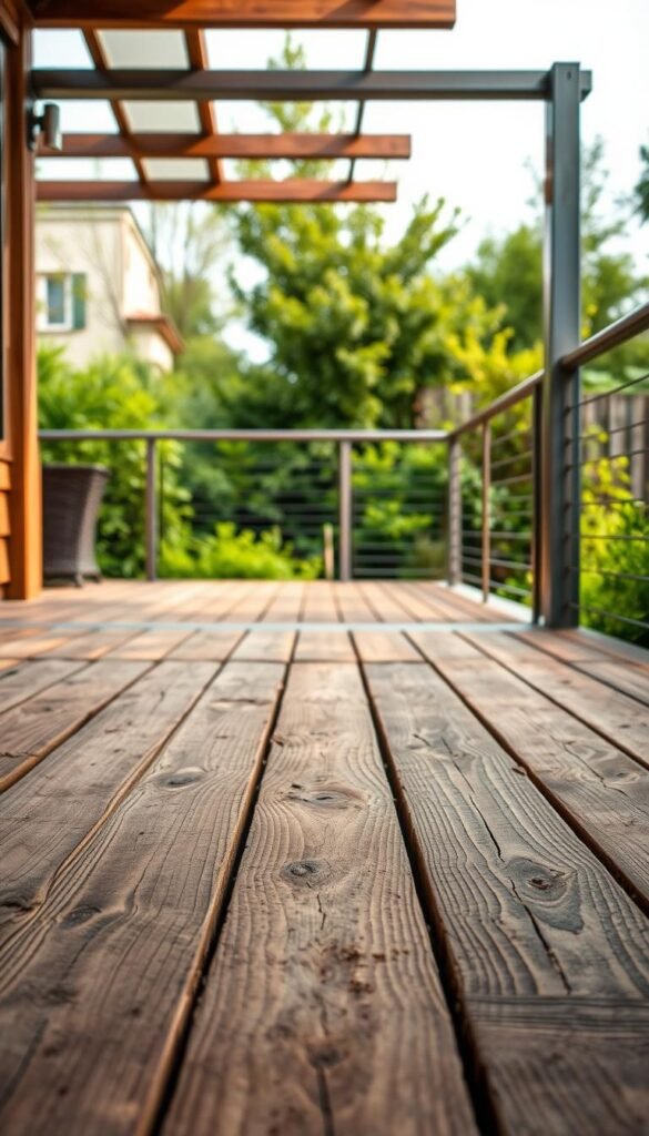 A rustic outdoor scene showcasing an array of wood and metal decking materials. In the foreground, a weathered wooden plank deck with intricate grain patterns and natural knots. Transitioning to the middle ground, a sleek and modern metal frame decking system, its sleek lines and metallic sheen contrasting with the organic wood. In the background, a lush garden landscape provides a natural backdrop, with verdant foliage and a soft, diffused lighting that casts a warm, inviting glow over the scene. The overall composition captures the interplay of natural and industrial elements, highlighting the versatility and visual appeal of different decking materials.