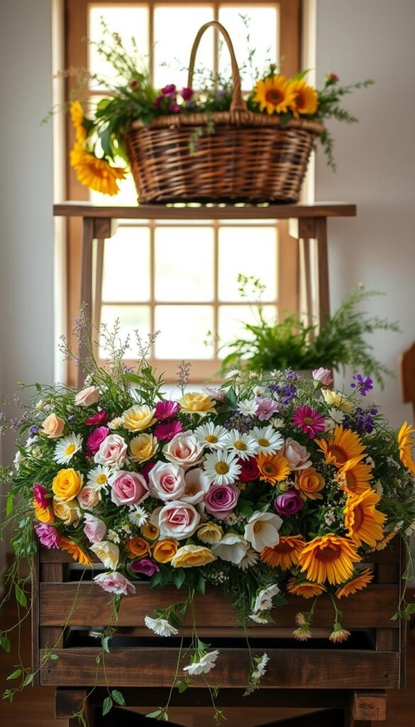 A rustic still life arranged in soft, natural light. In the foreground, a wooden crate overflows with an abundance of lush, colorful flowers - fragrant roses, delicate daisies, and hearty sunflowers. Trailing vines and greenery cascade over the edges, lending an organic, overgrown feel. In the middle ground, a woven wicker basket rests upon a worn wooden table, filled with more wild blooms and fragrant herbs. Behind, a window allows soft, golden light to filter in, illuminating the scene with a warm, inviting glow. The overall mood is one of effortless, earthy beauty - a celebration of nature's bounty in a cozy, romantic setting.