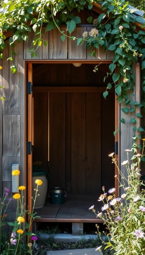 A rustic, weathered wood shed nestled amidst a lush, overgrown garden. The reclaimed timber panels, with their intricate grains and natural imperfections, create a charming, organic aesthetic. Sunlight filters through the shed's open doorway, casting a warm, golden glow onto the interior's simple, utilitarian design. Trailing vines and wildflowers spill over the shed's edges, blending the structure seamlessly into the surrounding natural landscape. The overall impression is one of tranquility, sustainability, and a harmonious integration of man-made and natural elements.