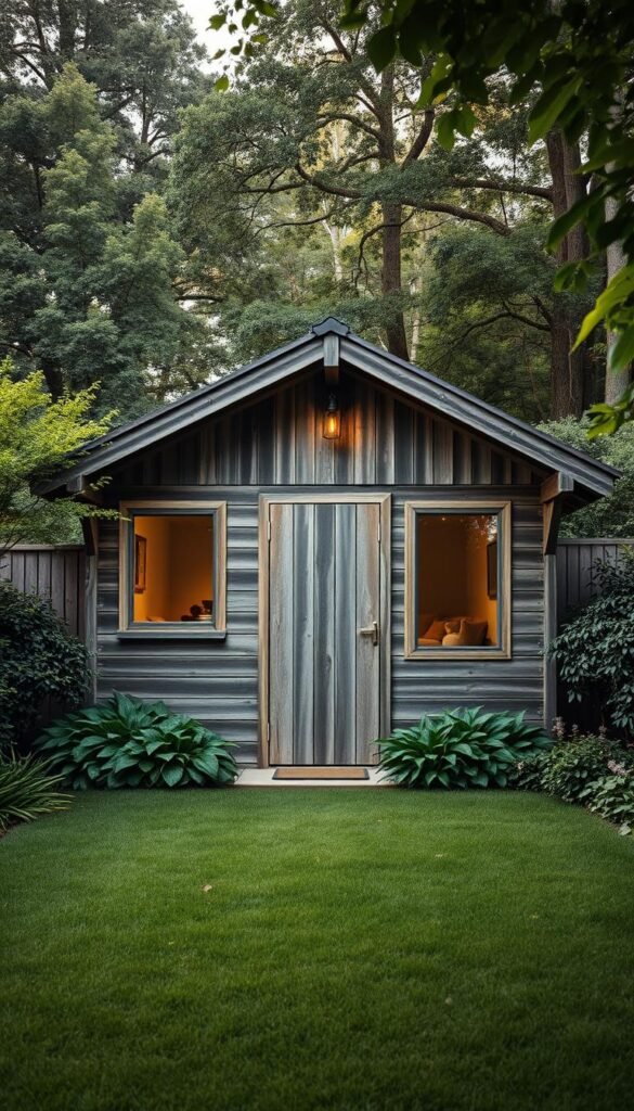 A rustic wooden shed nestled in a lush garden, its weathered boards blending seamlessly with a modern sleek design. The structure features a mix of traditional and contemporary elements - a pitched roof with exposed beams, large windows that flood the interior with natural light, and a minimalist door in a contrasting color. The shed is surrounded by verdant foliage, with a well-manicured lawn in the foreground and a backdrop of mature trees. Warm, diffused lighting casts a soft glow, creating an inviting and harmonious atmosphere that celebrates the intersection of the past and present.