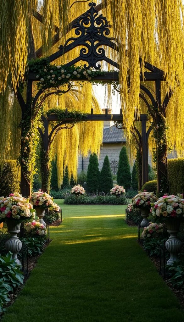 A secluded garden path leading to an ornate wooden arbor draped in cascading vines and delicate blooms. Soft, golden afternoon light filters through the lush greenery, casting a warm, romantic glow. Elaborate floral arrangements line the pathway, their vibrant hues complementing the natural surroundings. The arbor itself is a stunning focal point, its intricate design and weathered, rustic charm inviting guests to step through into a fairytale world. Tall, willowy trees sway gently in the breeze, their branches creating a natural canopy overhead. The overall scene exudes an enchanting, ethereal atmosphere, perfectly capturing the essence of a secret garden wedding.