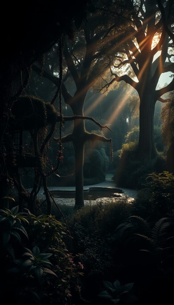 A secluded, lush garden bathed in deep, dramatic lighting. The foreground features a tangled mass of overgrown foliage - vines, ferns, and trailing flowers in rich, moody hues of indigo, plum, and forest green. Soft beams of warm, amber light filter through the canopy above, casting long shadows and creating an aura of mystery. The middle ground reveals a tranquil pond, its surface reflecting the moody palette above. Towering, ancient trees line the edges, their gnarled branches reaching skyward. An air of melancholy and introspection pervades the scene, inviting the viewer to pause and immerse themselves in the shadowy, enchanting ambiance of this forgotten garden.