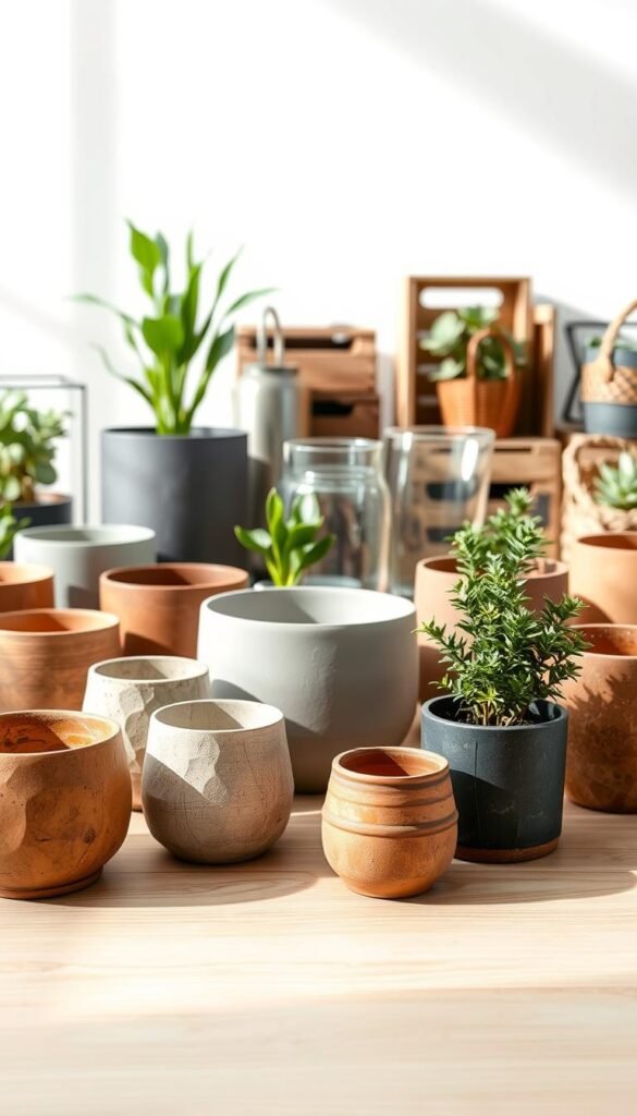 A selection of modern plant containers in various shapes, sizes, and materials displayed on a light-colored wooden surface. The foreground features sleek ceramic pots in earthy tones, complemented by textured concrete planters and weathered terracotta vessels. The middle ground showcases minimalist metal and glass containers, while the background includes woven baskets and rustic wooden crates. Soft, diffused natural lighting illuminates the scene, creating gentle shadows and highlights that accentuate the unique textures and forms of the plant containers. The overall mood is one of simplicity, practicality, and style, setting the stage for a visually appealing dish garden project.