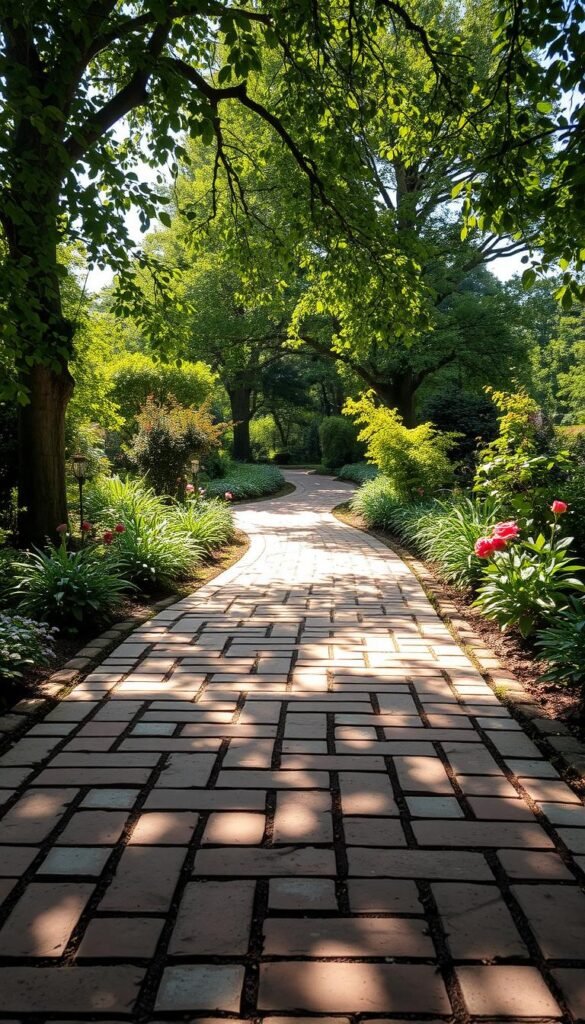 A serene English garden path winds through a lush, verdant landscape. In the foreground, aged stone and brick pavers create a classic, textured surface, while graceful perennials and fragrant roses line the edges. Dappled sunlight filters through the canopy of mature trees, casting a warm, golden glow and creating intricate patterns on the ground. The scene exudes a sense of timeless elegance and tranquility, inviting the viewer to slow down and explore the intimate garden rooms beyond. A wide-angle lens captures the scene, showcasing the harmonious integration of nature and carefully crafted design.