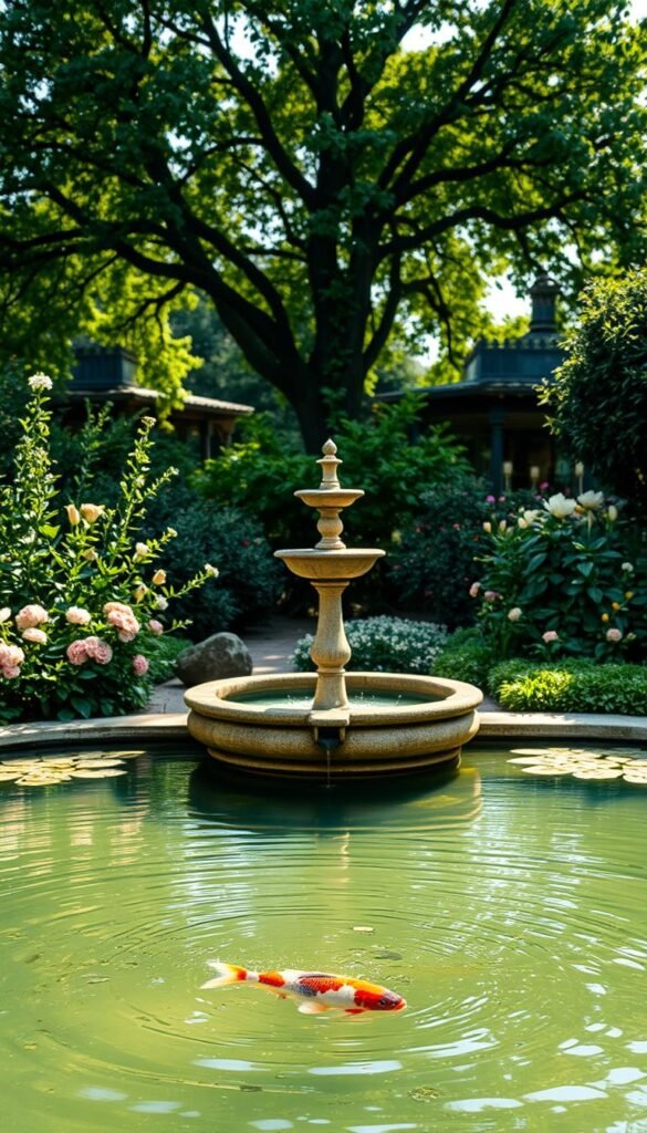 A serene French-inspired garden with a soothing water feature at its heart. In the foreground, a tranquil koi pond with gently rippling water, surrounded by lush greenery and fragrant flowers. In the middle ground, a delicate stone fountain cascades into the pond, its melodic sounds creating a calming atmosphere. The background features a verdant canopy of trees, casting soft, dappled light across the scene. The overall composition evokes a sense of peaceful elegance, inviting visitors to pause and bask in the tranquility of this harmonious outdoor oasis. Captured with a wide-angle lens to showcase the garden's harmonious design, the image radiates a serene, dreamlike quality.