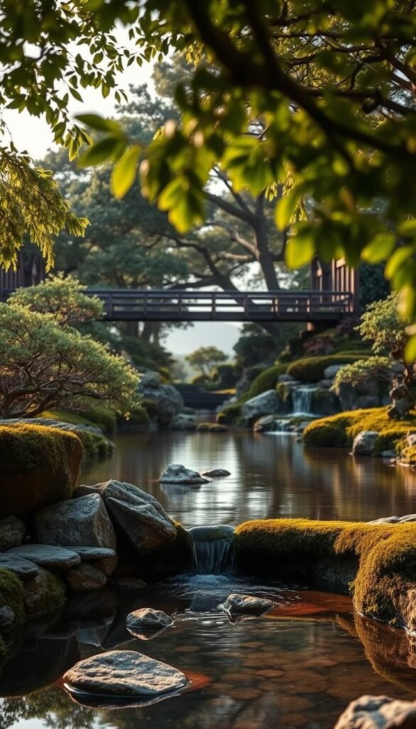 A serene Japanese garden scene, framed by lush foliage and graceful trees. In the foreground, a tranquil pond reflects the surrounding natural elements - weathered stones, delicate moss, and the gentle flow of a cascading waterfall. The middle ground features a minimalist bridge arching over the water, inviting exploration. Soft, diffused lighting bathes the scene, creating a harmonious atmosphere of balance and tranquility. The background blends seamlessly with the horizon, suggesting an endless expanse of natural beauty. This image captures the essence of balance and harmony between the human-made and the natural world.