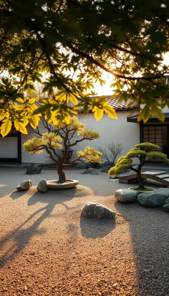 A serene Japanese rock garden with meticulously raked gravel, thoughtfully placed stones, and a sparse, minimalist arrangement of carefully pruned bonsai trees. The warm, golden sunlight filters through the branches, casting soft shadows across the tranquil scene. The composition emphasizes the harmonious balance of natural elements, creating a peaceful and contemplative atmosphere. The camera angle captures the garden from a slightly elevated perspective, allowing the viewer to appreciate the thoughtful design and the overall Zen aesthetic. Subtle hints of traditional Japanese architecture, such as a simple wooden bridge or a stone lantern, add to the authentic cultural context.