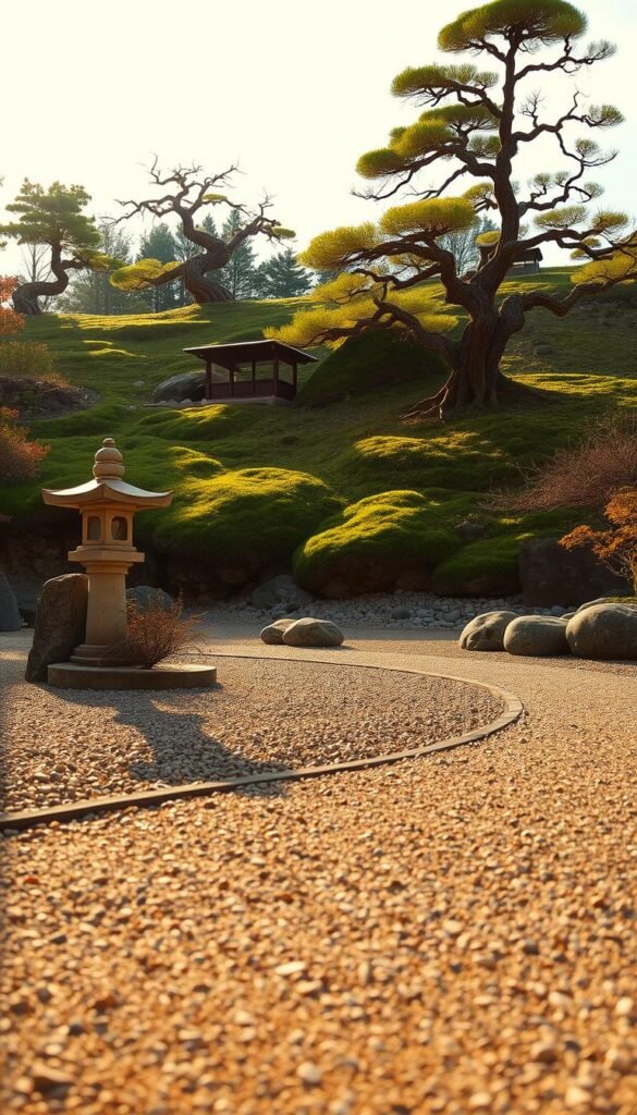 A serene Japanese zen garden, bathed in warm, golden afternoon light. In the foreground, a carefully raked gravel path winds through a meticulously arranged composition of smooth rocks and polished pebbles. In the middle ground, a lone, weathered stone lantern stands as a testament to the garden's rich heritage. In the background, a gentle slope is adorned with lush, verdant moss and the graceful silhouettes of ancient, gnarled bonsai trees. The scene exudes a sense of timeless tranquility, inviting contemplation and a deeper understanding of the history and philosophy that have shaped the art of Japanese garden design.