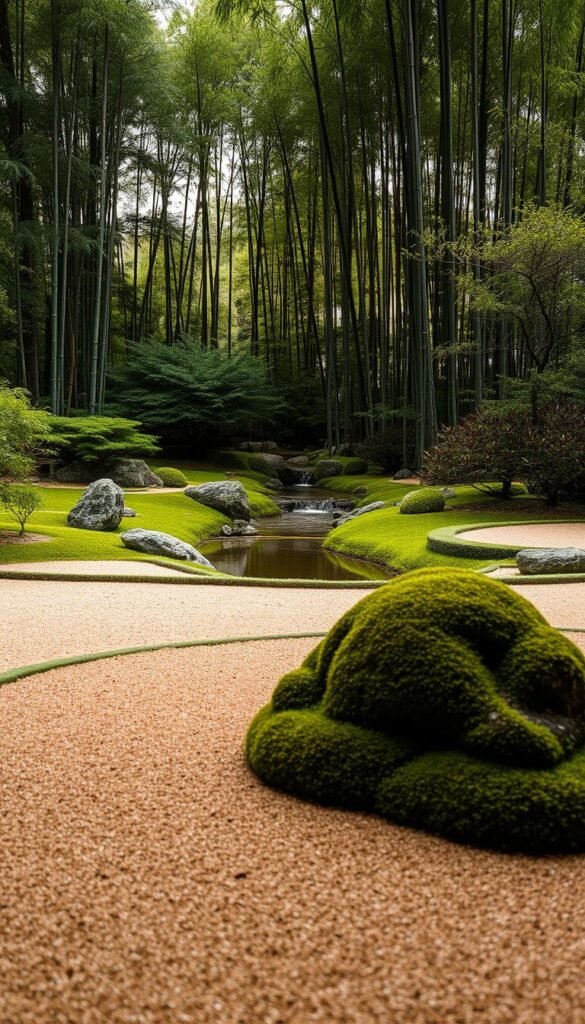 A serene Japanese zen garden with carefully raked sand, strategically placed rocks, and a tranquil water feature. The foreground showcases a beautifully manicured moss-covered landscape, while the middle ground features a gently flowing stream surrounded by lush greenery. In the background, tall bamboo plants sway gently in the breeze, creating a sense of peaceful seclusion. The scene is bathed in soft, diffused natural lighting, captured with a wide-angle lens to emphasize the harmonious composition. The overall atmosphere evokes a profound sense of contemplation and inner calm, reflecting the timeless principles of traditional Japanese garden design.