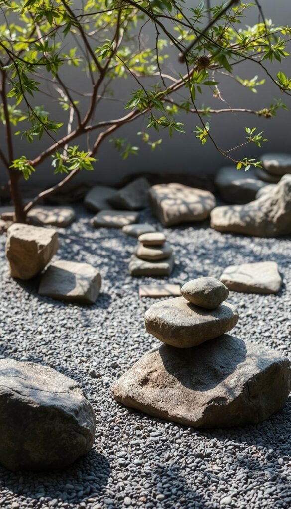 A serene Zen garden filled with thoughtfully arranged natural stones, meticulously placed to create a sense of harmony and balance. In the foreground, a group of weathered boulders and smooth river rocks are carefully positioned, their textures and shapes complementing each other. In the middle ground, a delicate arrangement of smaller stones forms a minimalist pattern, echoing the tranquil rhythm of the garden. The background is framed by a sparse, graceful foliage, casting gentle shadows across the gravel-covered ground. The overall scene is bathed in soft, diffused lighting, evoking a contemplative, meditative atmosphere. This symbolic stone composition embodies the essence of Japanese garden aesthetics, where nature and its elements are venerated and celebrated.