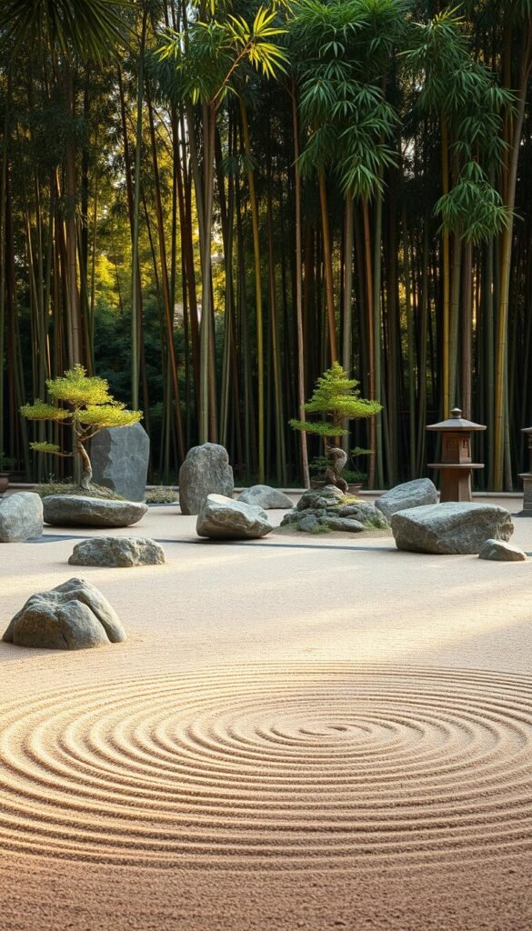 A serene Zen garden landscape illuminated by warm, diffused natural light. In the foreground, a carefully raked sand garden with circular and linear patterns, complemented by carefully placed river stones and a single, meticulously pruned bonsai tree. The middle ground features larger rocks and stone lanterns, arranged in a harmonious, asymmetrical composition. In the background, tall, lush bamboo stands sway gently, framing the scene and creating a sense of tranquility. The overall atmosphere evokes a profound sense of contemplation, balance, and connection with the natural world.