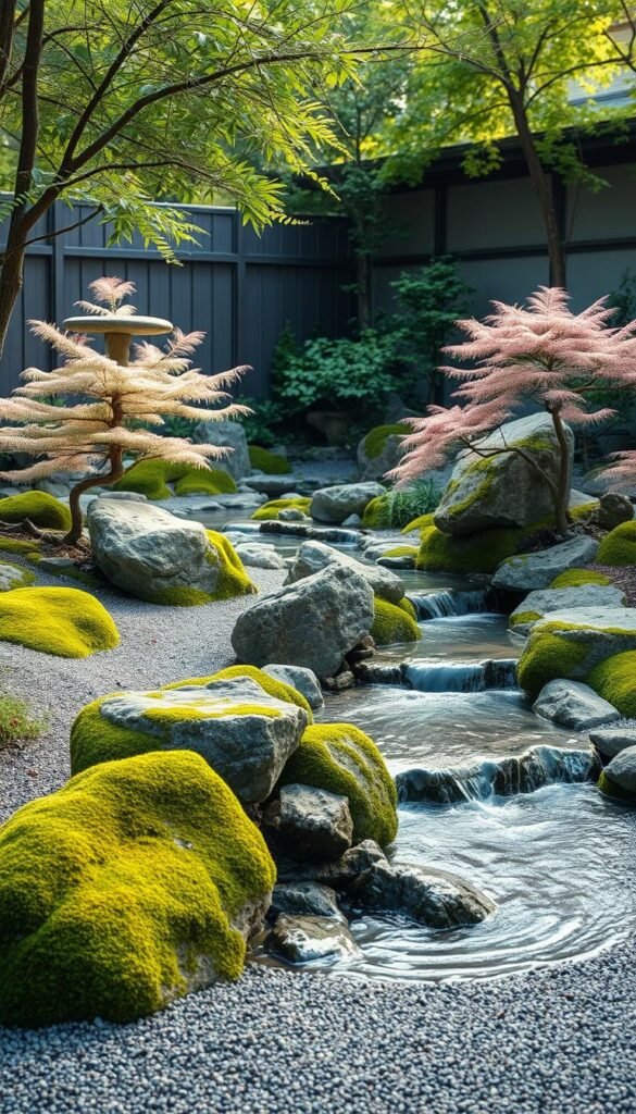 A serene Zen garden nestled in a tranquil backyard, with a meandering stream flowing through a landscape of carefully placed rocks, moss-covered boulders, and delicate Japanese maples. The water feature gently cascades over natural stone formations, creating a soothing ambiance. Soft natural lighting filters through the trees, casting a warm glow over the scene. The composition features a balanced arrangement of elements, inviting the viewer to pause and find a moment of stillness and contemplation. This harmonious sanctuary offers a rejuvenating retreat from the outside world, perfectly embodying the essence of a tranquil and meditative Zen garden.