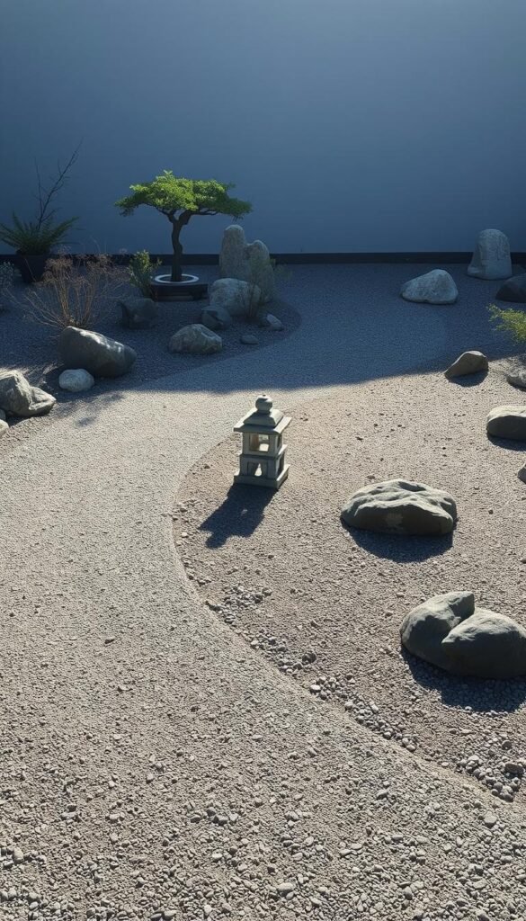 A serene Zen garden with carefully raked gravel paths winding through a landscape of carefully placed rocks, boulders, and minimal vegetation. The composition features a central focal point, such as a stone lantern or a lone bonsai tree, bathed in soft, natural lighting that casts subtle shadows. The atmosphere is one of tranquility and contemplation, inviting the viewer to slow down and find inner peace. The overall design emphasizes simplicity, balance, and the beauty of negative space, reflecting the core principles of Zen aesthetics.