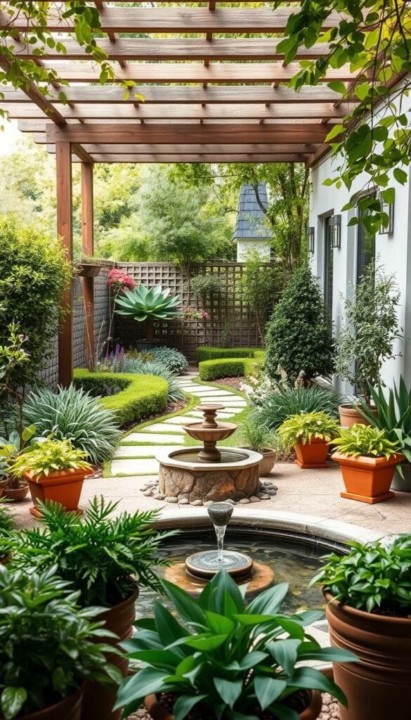 A serene and harmonious outdoor space design, featuring a lush, verdant garden with a focal point of a tranquil water feature, such as a small pond or fountain. The foreground showcases a well-curated selection of potted plants, strategically placed to create a sense of depth and visual interest. The middle ground features a meandering path, inviting exploration, flanked by neatly trimmed shrubs and flowering perennials. In the background, a wooden trellis or pergola provides a natural canopy, casting soft, dappled light and creating an inviting, cozy atmosphere. The overall scene exudes a sense of balance, relaxation, and a harmonious integration of nature and design.