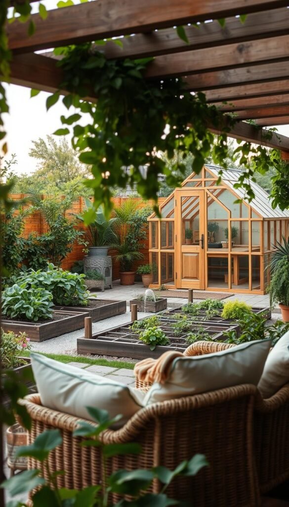 A serene and sustainable outdoor living space with a harmonious blend of lush greenery, natural materials, and functional design elements. In the foreground, a cozy seating area with woven rattan furniture and plush cushions is framed by a wooden pergola, draped with cascading vines. The middle ground features a well-designed kitchen garden, with raised planting beds and a small water feature. In the background, a charming greenhouse structure, constructed with glass and reclaimed wood, stands as a testament to eco-friendly living. Warm, diffused lighting creates a tranquil ambiance, while the overall composition emphasizes the seamless integration of architecture and nature.