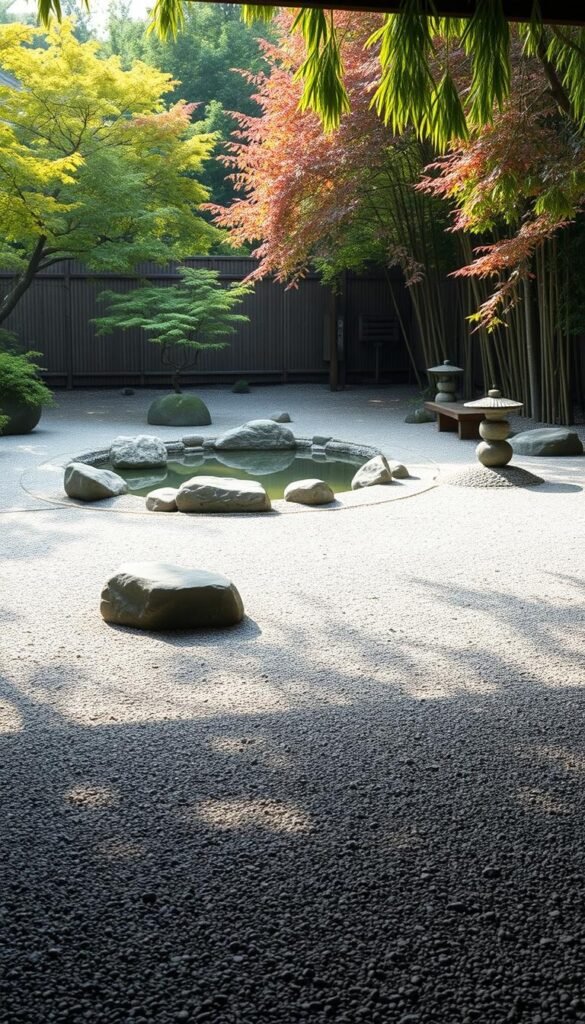 A serene and tranquil Zen garden, bathed in soft, natural light. In the foreground, carefully raked gravel forms intricate patterns, evoking a sense of order and balance. Strategically placed boulders and stone lanterns create a minimalist yet visually captivating landscape. The middle ground features a tranquil pond, its still surface reflecting the surrounding greenery and the graceful silhouettes of Japanese maples. In the background, a wooden fence or bamboo grove frames the scene, creating a sense of seclusion and privacy, perfect for meditation and contemplation. The overall atmosphere is one of calm, harmony, and a deep connection with nature.