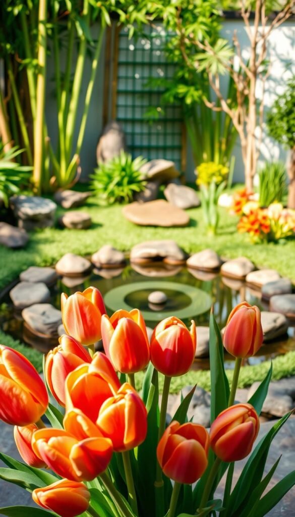 A serene arrangement of vibrant tulips set against a harmonious feng shui landscape. In the foreground, a cluster of tulips in shades of red, orange, and yellow radiates warmth and positive energy, their petals gently unfurling. In the middle ground, a small tranquil pond reflects the blooms, creating a sense of balance and flow. Surrounding the arrangement, a lush, verdant garden with carefully placed rocks, bamboo, and ornamental trees evokes a calming, nature-inspired ambiance. Soft, diffused natural lighting casts a gentle glow, complementing the overall peaceful and rejuvenating atmosphere. The composition is designed to enhance the feng shui principles of harmony, balance, and the promotion of good fortune.