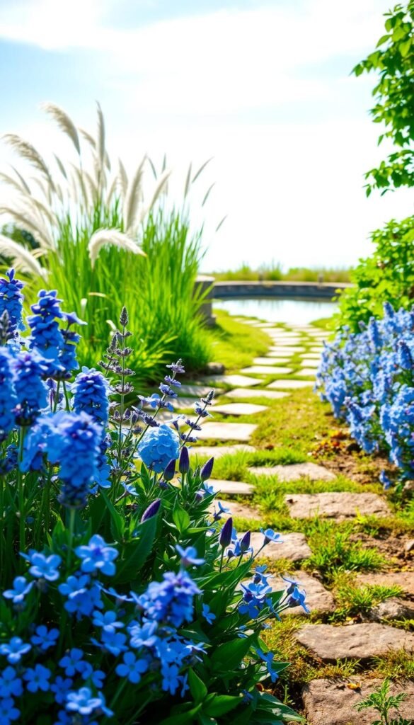 A serene blue flower garden bathed in soft, diffused natural lighting. The foreground features a lush arrangement of delicate blue flowers - lavender, hydrangeas, and forget-me-nots - their petals gently swaying in a light breeze. In the middle ground, a meandering stone pathway winds through the garden, leading the eye towards a tranquil pond in the background, its surface reflecting the azure sky above. Tall, wispy grasses and verdant foliage frame the scene, creating a sense of peace and contemplation. The overall atmosphere is one of calming, soothing beauty - an oasis of cool-hued blooms that inspires a deep sense of serenity.