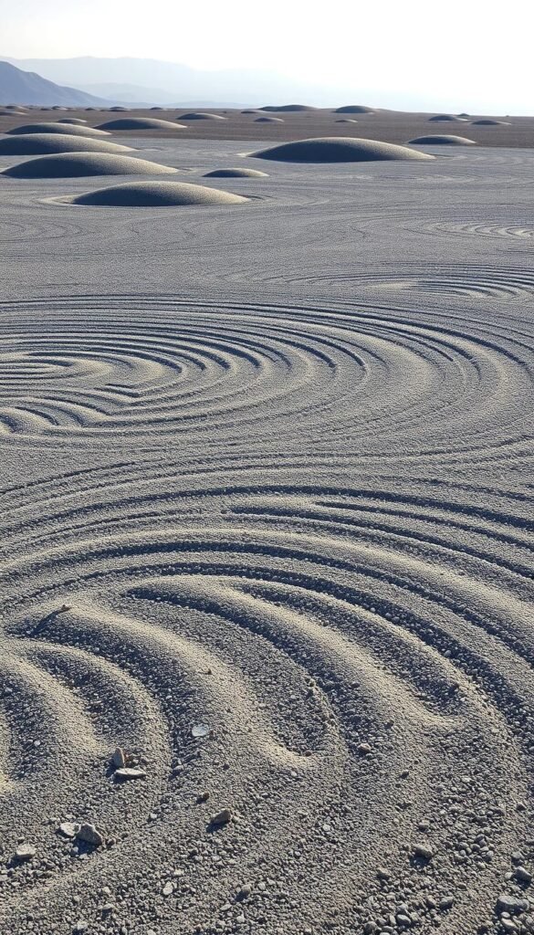 A serene dry landscape, with mesmerizing gravel patterns stretching into the distance. Sunlight casts long shadows, creating a meditative atmosphere. In the foreground, intricate swirls and waves of finely raked gravel, resembling the tranquil surface of a Japanese zen garden. The middle ground features subtly undulating hills, their contours accentuated by the interplay of light and shadow. In the background, a sense of depth is established by the gradual fading of the gravel patterns, leading the eye towards a horizon of muted, earthy tones. The overall composition evokes a harmonious balance, reflecting the principles of Karesansui and the aesthetics of traditional Japanese garden design.