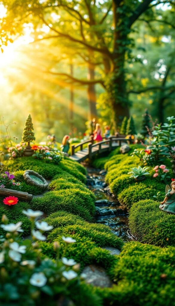 A serene fairy garden in a lush, verdant landscape. In the foreground, delicate flowers, mossy pathways, and whimsical fairy statues create an enchanting atmosphere. The middle ground features a babbling brook with a wooden bridge, surrounded by a variety of miniature plants and trees. In the background, a magical forest canopy filters warm, golden sunlight, casting a soft, dreamy glow over the entire scene. The camera angle is slightly elevated, capturing the tranquil, inviting nature of this miniature, otherworldly oasis.