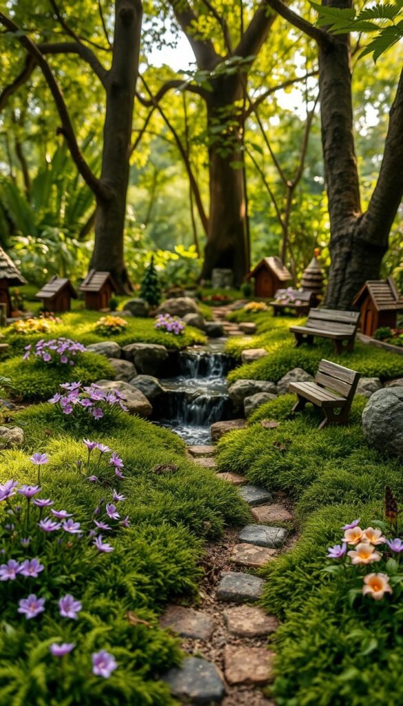 A serene fairy garden layout plan unfolds with whimsical details. In the foreground, a miniature winding path leads through a lush carpet of verdant moss and delicate ferns. Dotting the scene are clusters of vibrant wildflowers in shades of purple, pink, and yellow, their petals dancing in the gentle breeze. In the middle ground, a small waterfall cascades over moss-covered rocks, creating a soothing ambiance. Surrounding the tranquil scene, towering trees with dappled sunlight filter through their leafy canopies, casting a warm, ethereal glow. Fanciful fairy houses and carved wooden benches nestle among the verdant foliage, inviting imaginative exploration. The overall atmosphere evokes a sense of enchantment and peaceful solitude, perfect for planning an enchanting mini garden oasis.