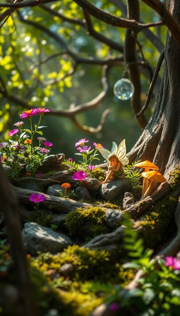 A serene fairy garden nestled in a lush, natural setting. Vibrant wildflowers, mossy stones, and twisting branches frame the scene. Soft, dappled sunlight filters through the canopy, casting a warm, magical glow. Tiny fairy figurines sit upon gnarled tree roots, surrounded by delicate ferns and glowing mushrooms. Crystalline dewdrops cling to gossamer fairy wings, which flutter gently in the breeze. The overall atmosphere is one of enchantment, tranquility, and a harmonious blend of the natural and the whimsical.