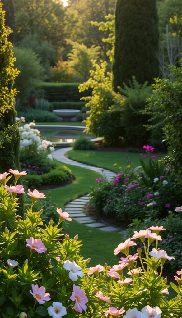 A serene garden oasis, bathed in soft, golden-hour light. In the foreground, lush, verdant foliage and blooming flowers in a harmonious palette of pastel hues. The middle ground features a winding garden path, inviting exploration, flanked by carefully curated flower beds. In the background, a tranquil reflection pool mirrors the surrounding greenery, creating a sense of depth and balance. The overall atmosphere is one of calm contemplation, where the beauty of nature takes center stage, inspiring the viewer to envision the endless possibilities of their own garden space.